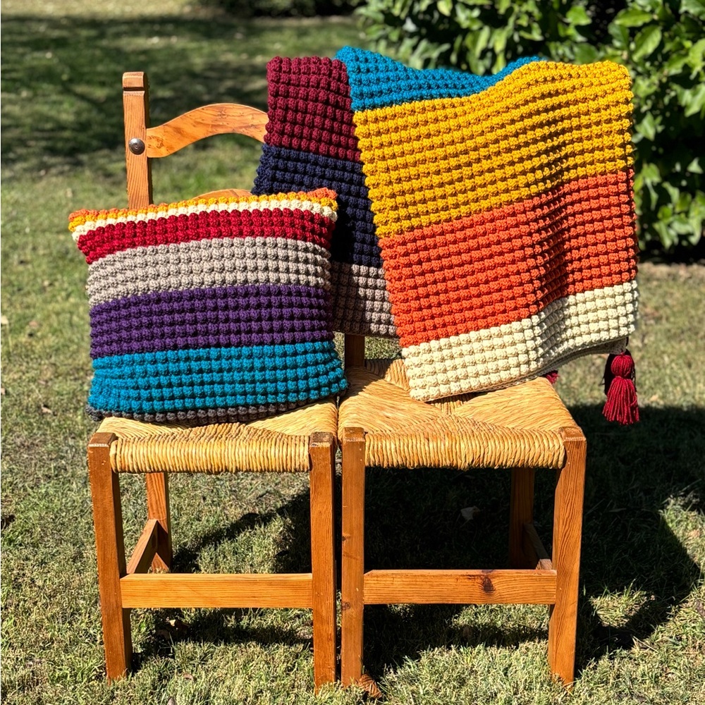 Handmade Bobble Stitch Crochet Blanket & Matching Pillow